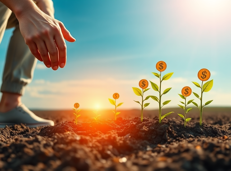A visual metaphor of a person planting small, glowing seeds in fertile ground. The seeds quickly sprout into vibrant, rapidly growing plants or trees reaching towards the sky, with some bearing symbols of success or profit. The background shows a bright, expansive horizon, representing future potential. The style is energetic, positive, and emphasizes nurturing growth.