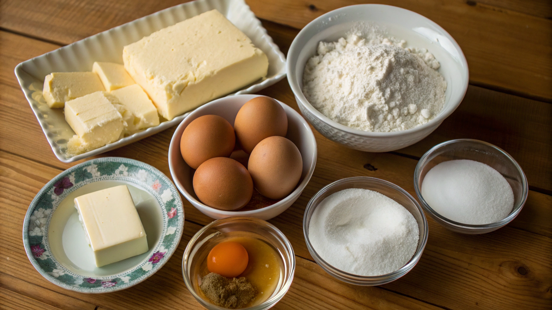 Kremowka ingredients on a wooden table including puff pastry sheets, milk, vanilla beans, eggs, sugar, flour and butter
