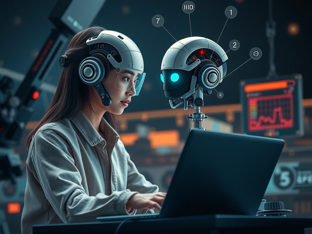 یک فریلنسر انسان در حال کار خلاقانه با ابزارهای هوش مصنوعی، نشاندهنده ترکیبی از مهارت هنری و کمک فناوری. این تصویر باید هماهنگی و کارایی را منتقل کند. خلاقیت انسانی، فریلنسر، هوش مصنوعی، آینده کار