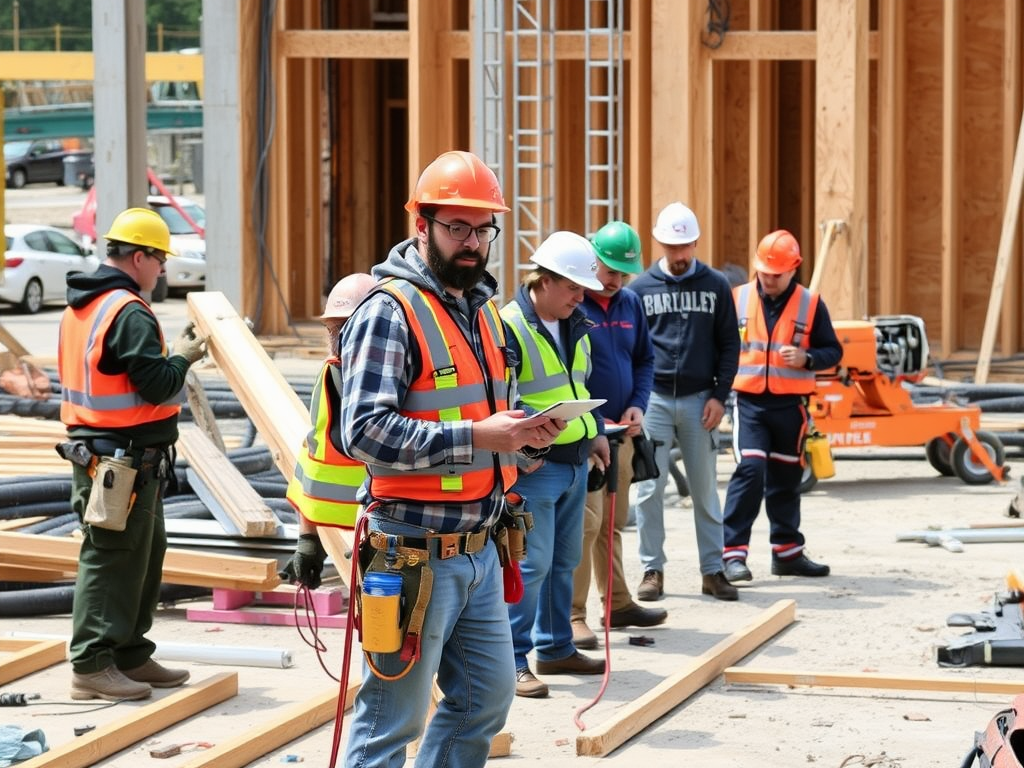 Construction Staffing Services 3 Various skilled construction workers on a busy construction site showing different trades including carpenters, electricians, and machine operators working together