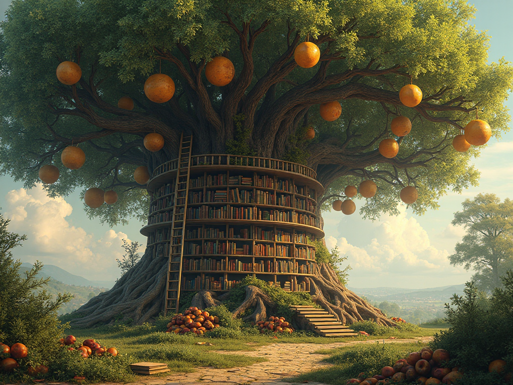 An ancient tree library where books grow like fruits and scholars climb ladders to harvest knowledge