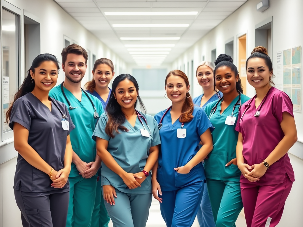 Smiling diverse nurses in scrubs, standing in a modern hospital corridor, representing a professional healthcare recruitment agency in the UK.