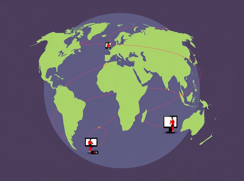 A stylized globe with lines connecting different continents, and small icons of people watching screens (TVs, phones, tablets) in various locations, illustrating Netflix's global reach and how people consume content worldwide.