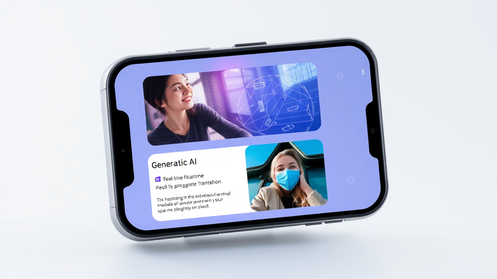 A smartphone screen displaying generative AI features like real-time language translation and AI photo editing, with a futuristic and clean interface, reflecting the latest smartphone news.