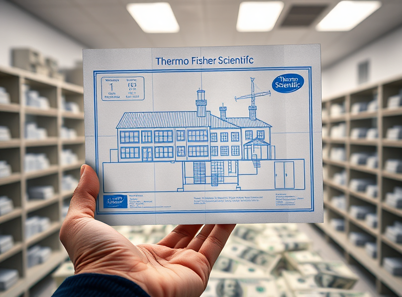 A hand holding a blueprint of a scientific laboratory with the Thermo Fisher Scientific logo. The blueprint shows a solid foundation and efficient layout, leading to a room filled with money. Represent foundational role and smart investment. Technical and reliable feeling.