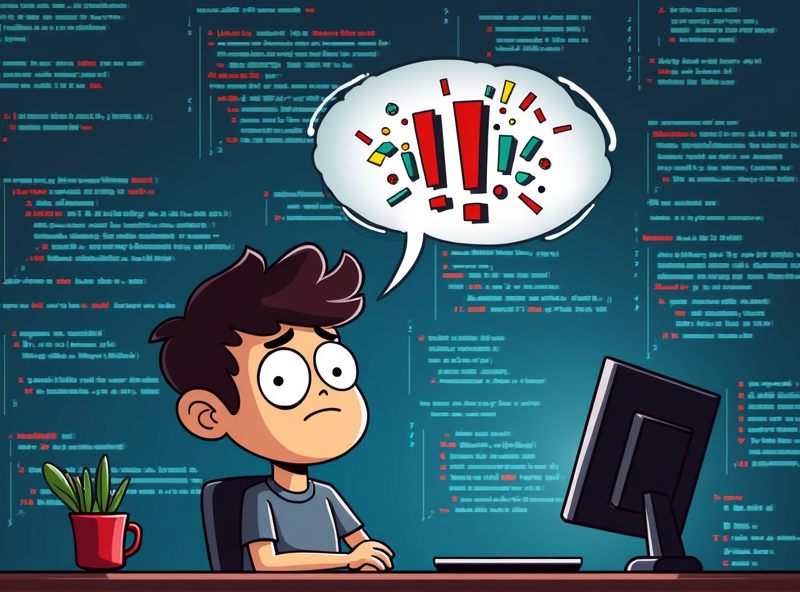 A developer in a plush office, stressed and staring at a computer display filled with error messages, and a bubble above their head displaying chaotic tokens, representing the silent issues in GPT prompt operations.