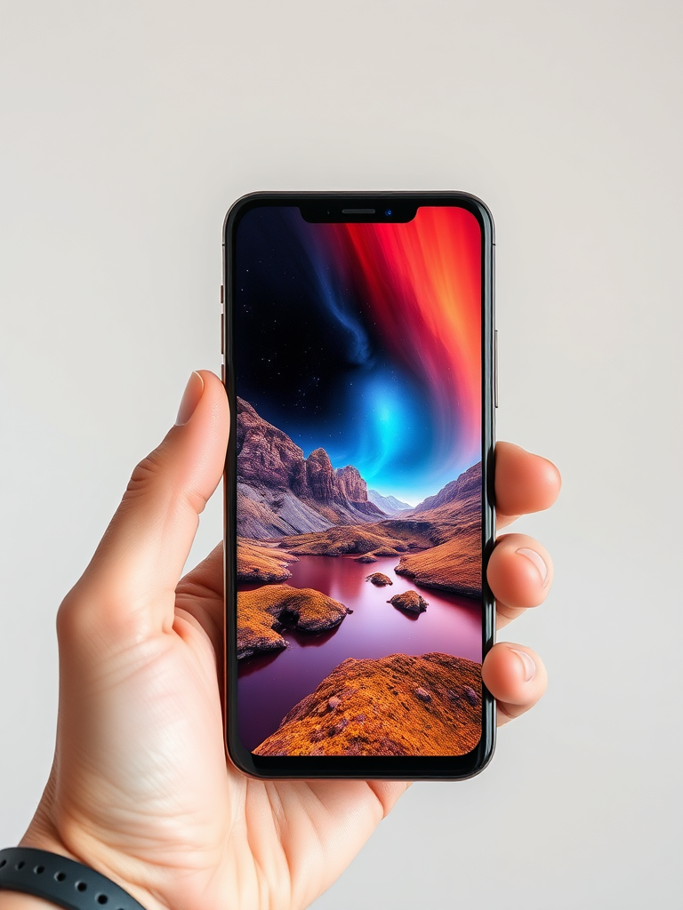 A person's hand holding a smartphone, showcasing a vibrant and clear display of a landscape photo, highlighting the visual quality often discussed in smartphone reviews.