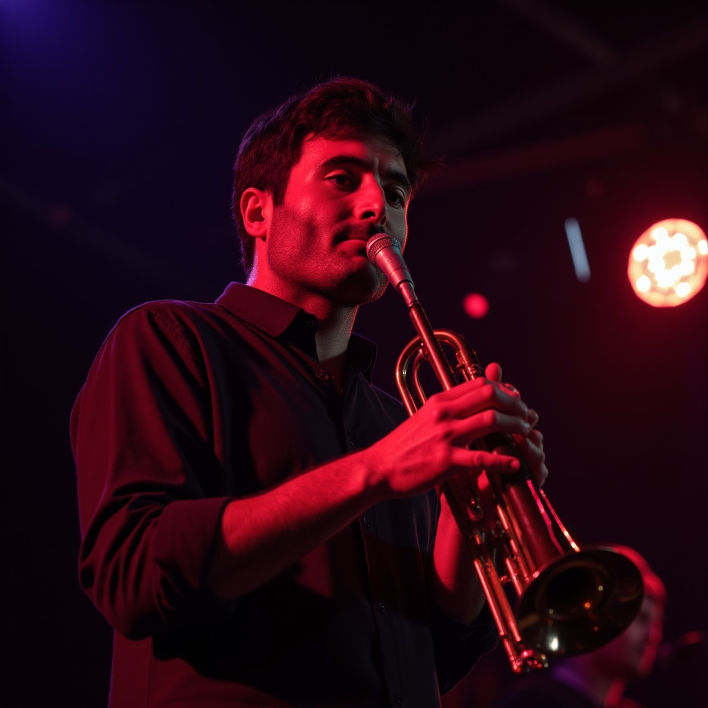 Intense jazz trumpet player captured mid-performance with warm lighting.