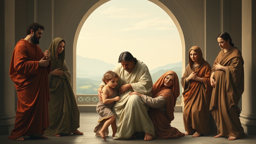 클래식한 분위기의 돌봄 장면, 가족이 함께 돌보는 모습