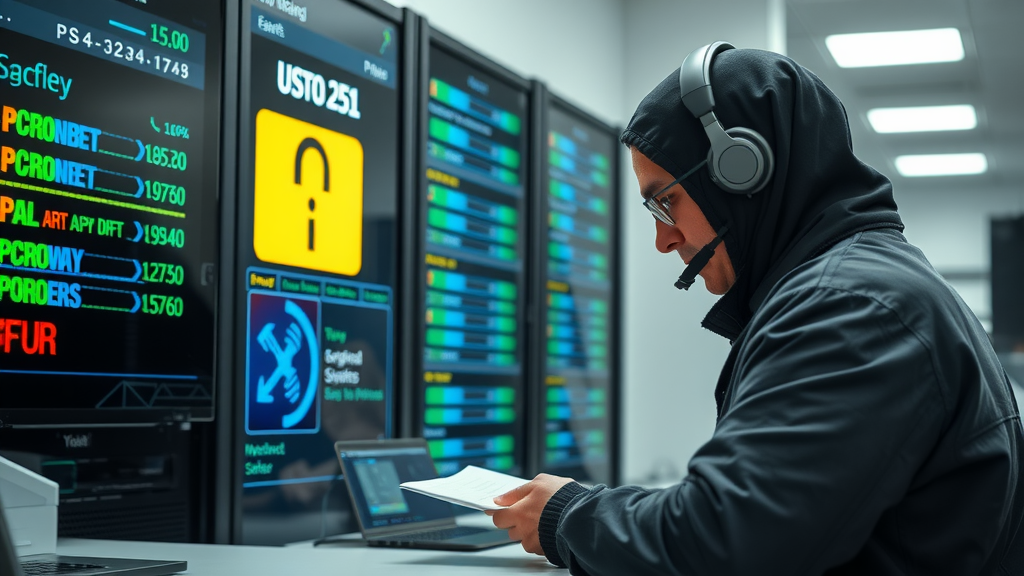 یک متخصص امنیت سایبری در حال اعمال وصله‌ها و به‌روزرسانی‌ها روی یک سرور، با تمرکز بر اقدامات پیشگیرانه در برابر حمله باج‌افزاری.