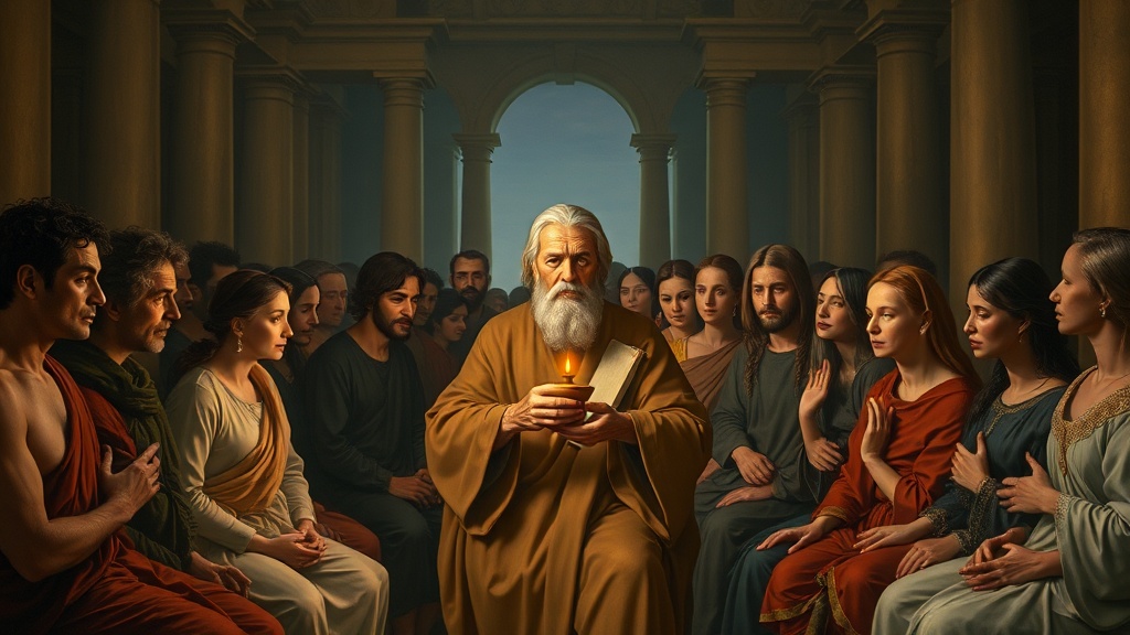 A contemplative assembly in a warm Renaissance hall