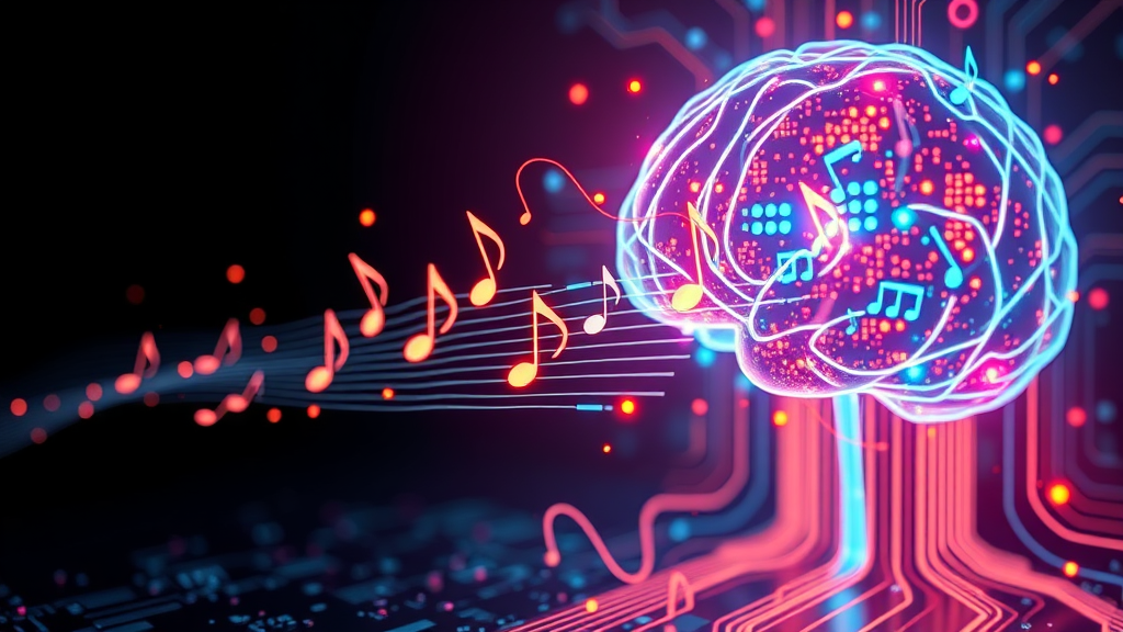 تصویری انتزاعی از هوش مصنوعی در حال ساخت موسیقی، با نت‌های موسیقی و شکل‌موج‌هایی که از یک مغز هوش مصنوعی درخشان یا برد مدار خارج می‌شوند، آینده‌نگرانه و با رنگ‌های زنده، مرتبط با اخبار فناوری