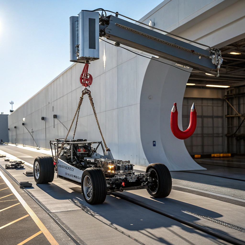 A realistic looking vehicle which uses a magnet suspended in front of itself from an arm attached to the back of the vehicle to drive it forward, the magnet should be a classic horseshoe shaped magnet