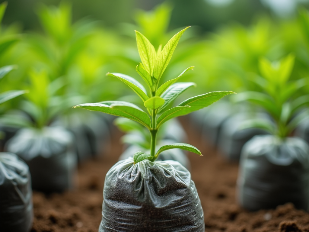 Coffee seedlings in a nursery ready for transplanting.