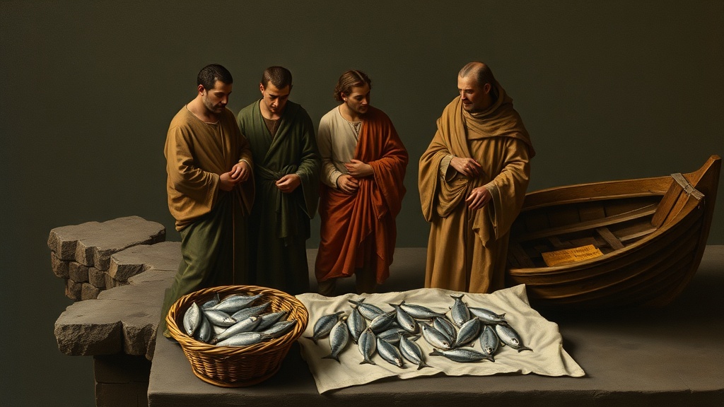 sfumato풍의 인물들이 항구에서 생선을 나누는 고전적 장면