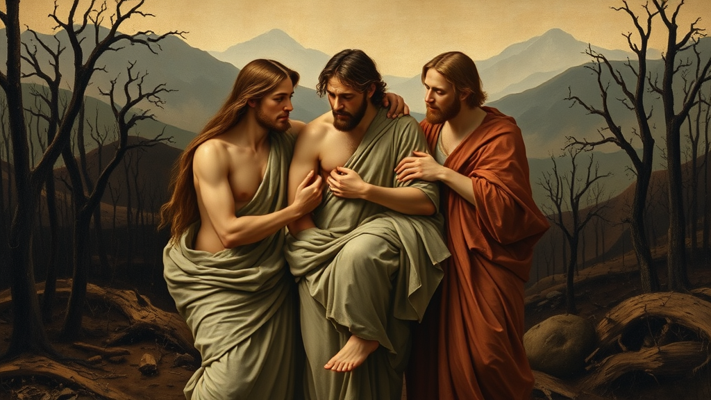 자연재해 속 사랑과 책임을 보여주는 종교적 장면