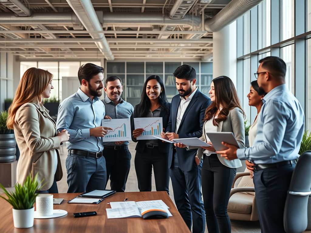 گروهی از متخصصان در فضای اداری مدرن در حال بحث در مورد نمودارها و داده های مالی، نمادی از سرمایه گذاری خطرپذیر و تصمیم گیری استراتژیک. realistic, high-quality