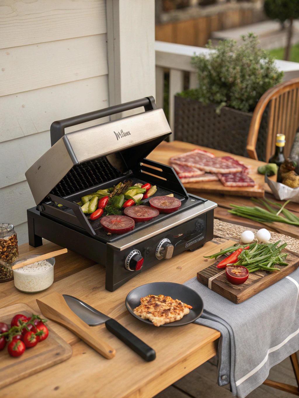 Ninja Woodfire Outdoor Grill with wood pellets and grilled food