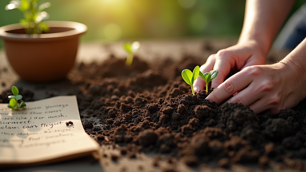 A close-up of hands planting seeds into rich soil beside a small wooden bowl and a handwritten blessing on parchment. Bright green seedlings peek from the earth, rays of morning sunlight filtering through leaves.