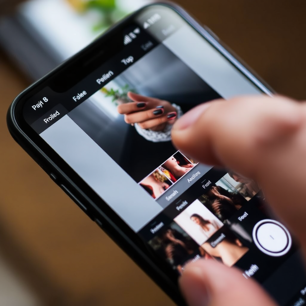 نمای نزدیک از صفحه نمایش گوشی موبایل که یک برنامه ویرایش عکس موبایلی را نشان می‌دهد، با ابزارها و فیلترهای مختلف ویرایش قابل مشاهده. دستی در حال لمس صفحه و تنظیمات است. تصویر کلی باید دقت و خلاقیت در ویرایش عکس موبایلی را نشان دهد. بررسی گوشی موبایل