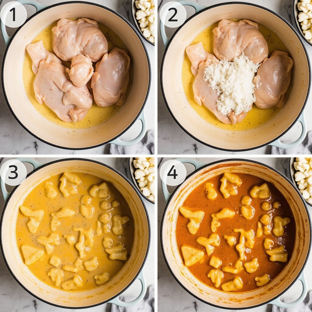 Cooking process of smothered chicken in skillet