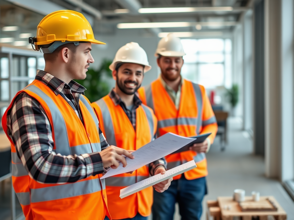 Construction recruitment specialists helping client find skilled construction laborers, showing professional staffing consultation in UK office setting