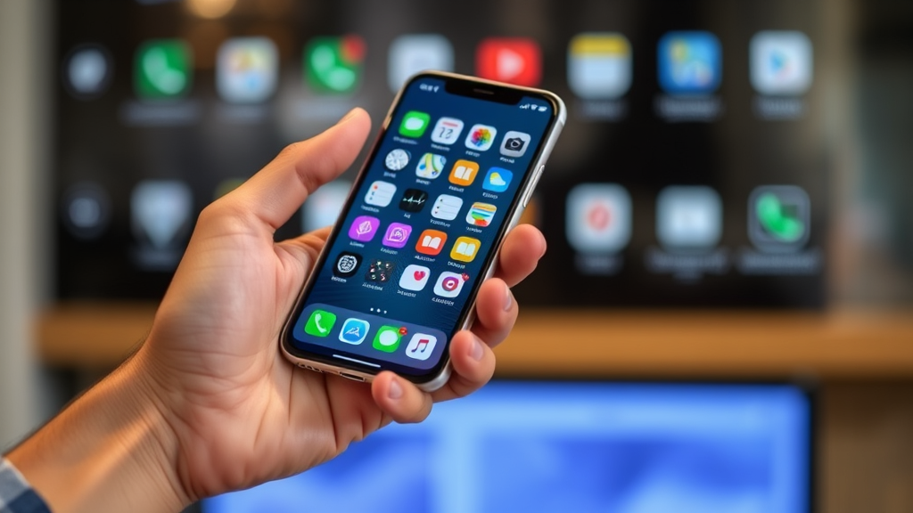 A person holding a modern smartphone, reviewing its features, with a blurred background showing various apps and tech icons, highlighting the importance of smartphone reviews.