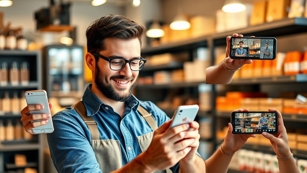 صاحب کسب و کار کوچک در حال استفاده از گوشی هوشمند برای کارهای مختلف مانند تماس ویدیویی، مدیریت موجودی و گرفتن عکس محصول، با تاکید بر تطبیق پذیری گوشی های موبایل برای کسب و کار، اخبار گوشی موبایل