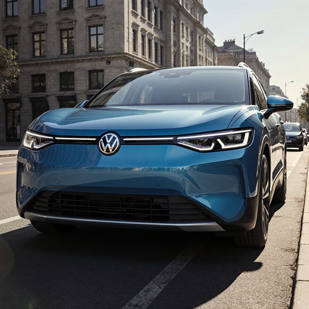 A modern blue Volkswagen ID.4 electric SUV, parked