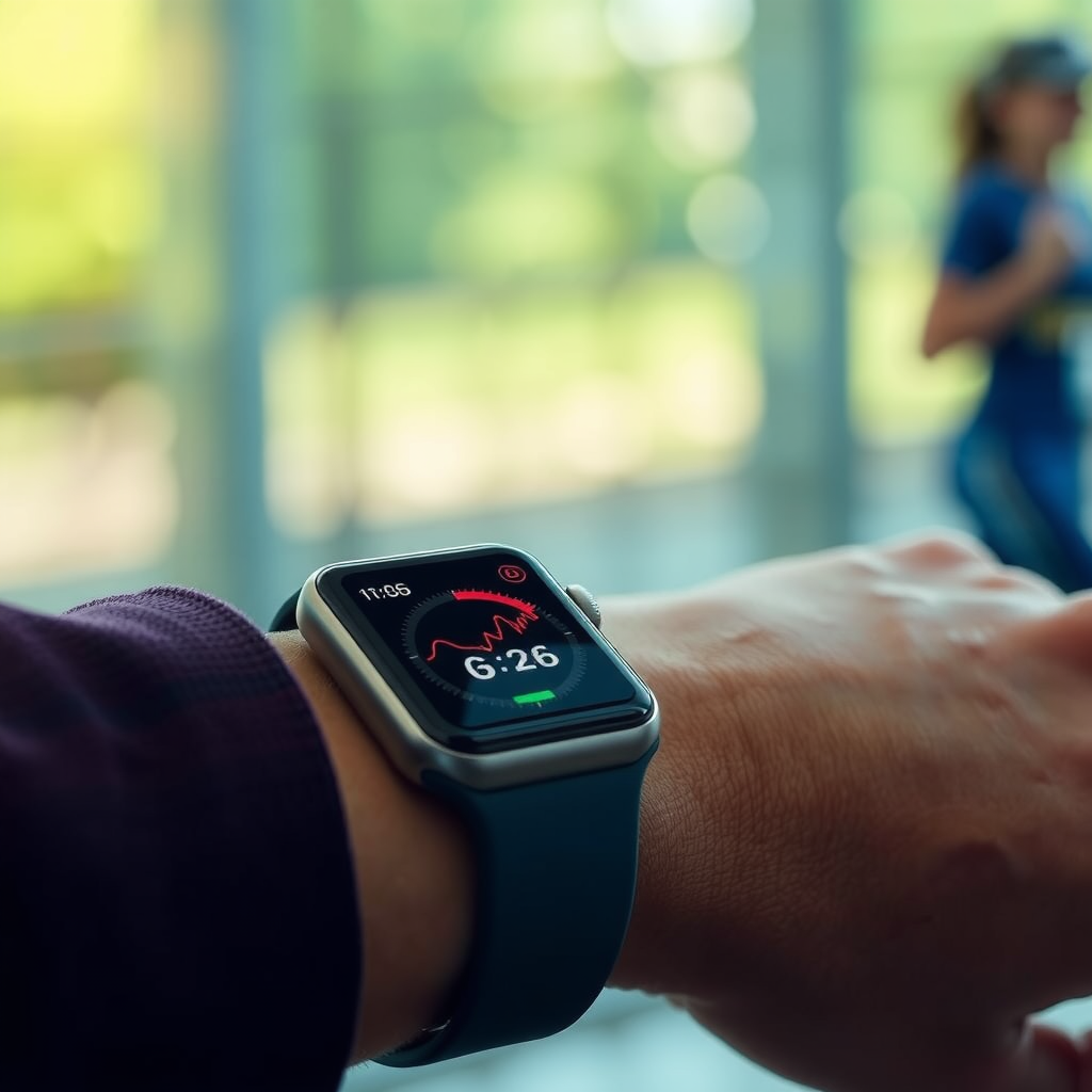 A close-up, realistic, high-quality image of an Apple Watch Series 9 on a wrist, displaying health metrics like heart rate or activity rings, with a blurred background suggesting a workout or daily activity, highlighting Apple Watch Deals.