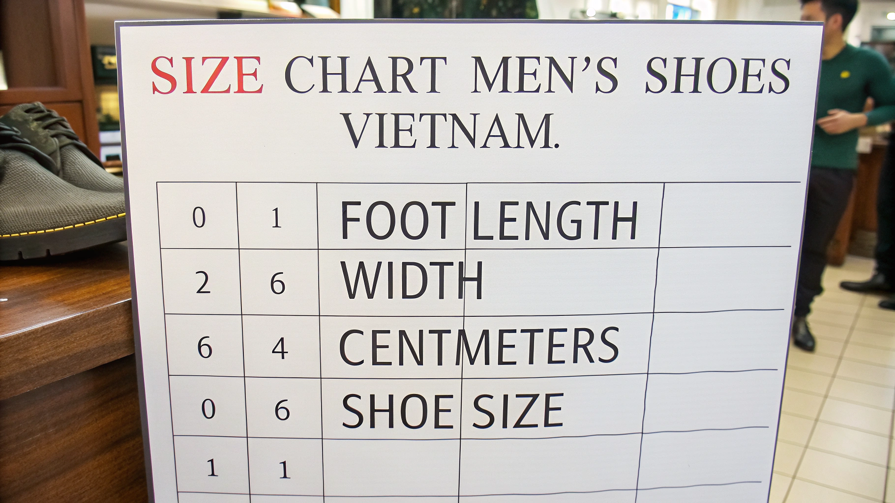 Bảng size giày nam Việt Nam