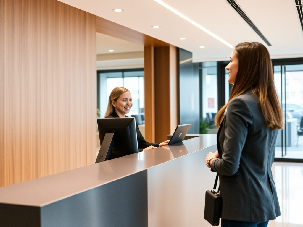 A professional receptionist from a Team Staffing Agency warmly greeting a visitor in a modern London office.