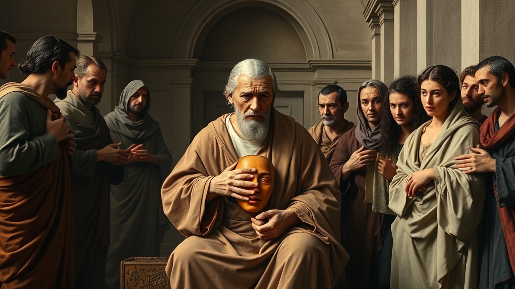 An allegorical religious scene: an elder figure cradles a carved wooden mask while companions look on; to the other side a luminous formation suggests a synthetic presence; classical interior with soft chiaroscuro.