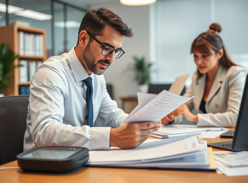 A quiet office space where tax professionals carefully review paperwork, embodying the diligence and attention to detail required for accurate tax filings and refunds.