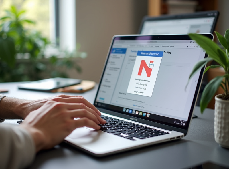 This image shows a laptop on a desk with Notion open, highlighting a page block ready to be cloned. Hands rest on the keyboard, indicating a shortcut in action. The scene has a cozy office feel with office supplies scattered around, giving a vibrant touch to the workspace.