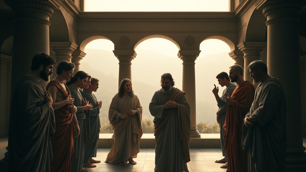 무릎 꿇은 인물과 손을 내미는 연민의 장면, 고전적 회랑 배경