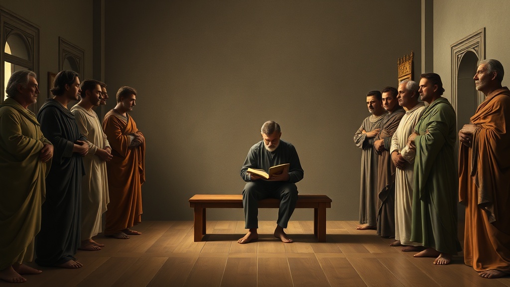 Allegorical scene suggesting stewardship and contemplation in a Renaissance interior