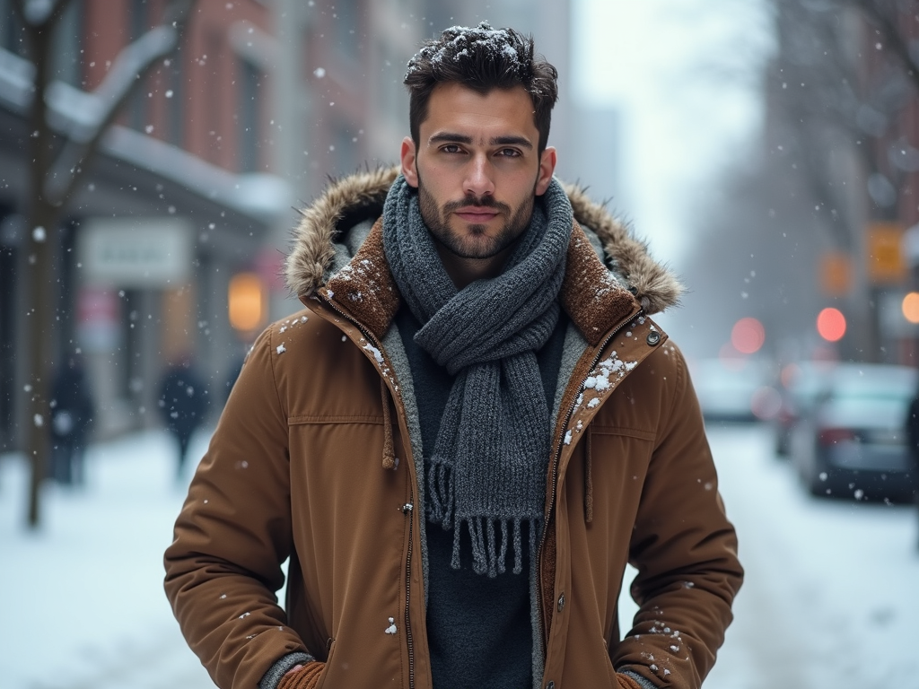 Man modeling stylish men's winter clothing in urban snowy environment