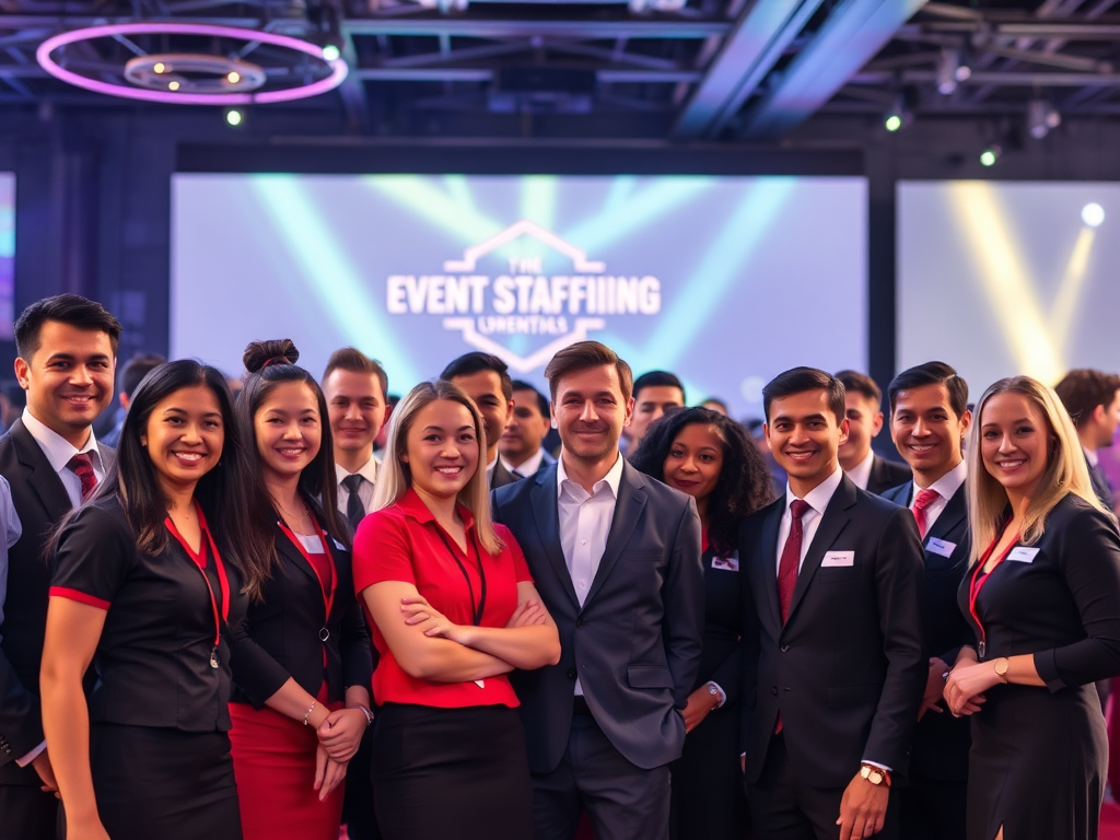 A professional team of event staff smiling and ready for service.