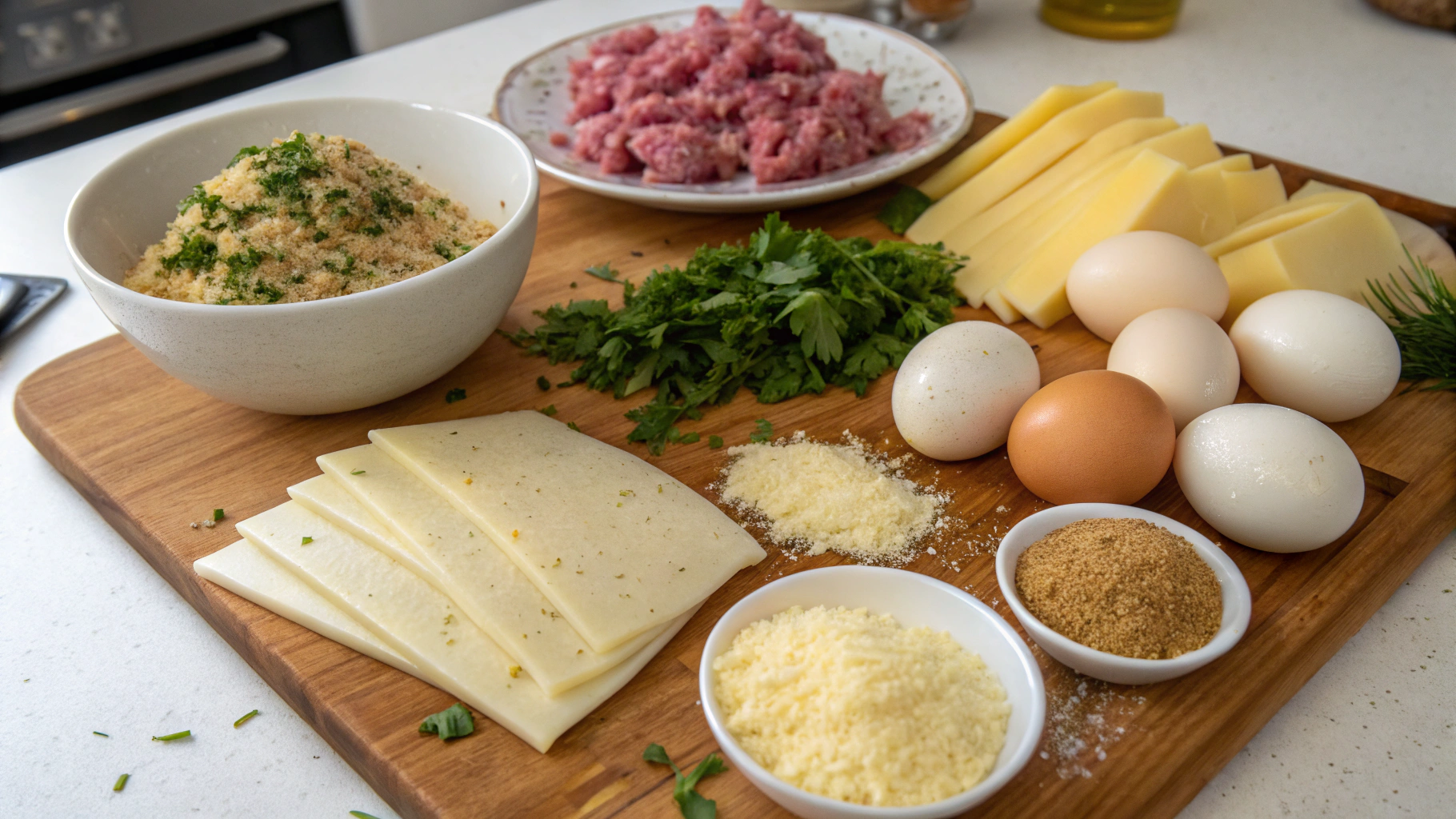 Ingredients for Tirokroketes laid out on a kitchen counter