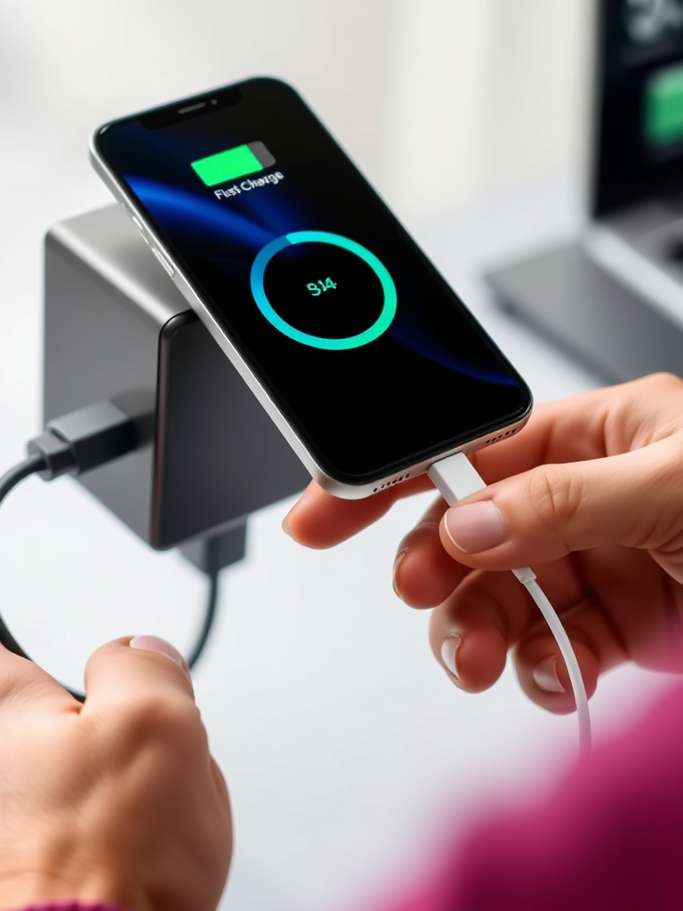 تصویری واقع‌گرایانه و باکیفیت از فردی که به سرعت گوشی هوشمند خود را با شارژر سریع شارژ می‌کند، با نمایش انیمیشن شارژ روی صفحه، با تمرکز بر تجهیزات شارژ مدرن و طراحی شیک گوشی، مناسب برای اخبار گوشی‌های هوشمند
