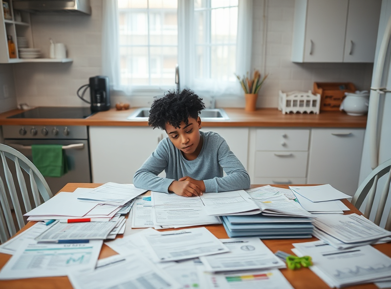A single parent deeply engrossed in reviewing housing documents at a cluttered kitchen table, pondering the path towards a stable home for their family.